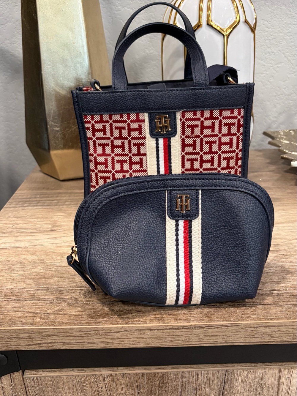 Tommy Hilfiger Navy and Red Stripe Tote with Matching Cosmetic Pouch